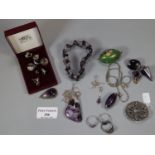 A collection of silver and costume jewellery containing blue john rings and earrings. (B.P. 21% +