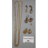 Two pairs of 9ct gold earrings, a gold plated chain and two loose earrings. (B.P. 21% + VAT)