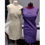Three 60's sleeveless shift dresses; two linen; one with woollen trim around neck and a silk dress