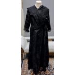 Black silk brocade Edwardian mourning dress with lace and velvet collar and tulle, lace and velvet