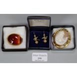 Victorian brooch and earrings set in yellow metal together with a shell cameo brooch. (B.P. 21% +