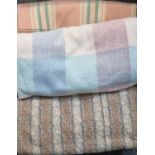 Box containing textiles to include: two check blankets or carthen; one vintage woollen with