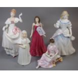 Four Royal Doulton bone china figurines, to include: 'Bridesmaid', 'Dawn', 'Laura' etc together with