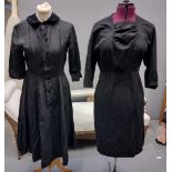 Two black 1940's-60's vintage dresses; one with beaded detail in faille fabric with velvet collar