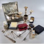Box of assorted plated items, oddments of silver, pewter cigarette box, costume jewellery items,