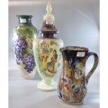 Victorian opaline glass lidded vase garniture, overall with hand painted decoration of figures,