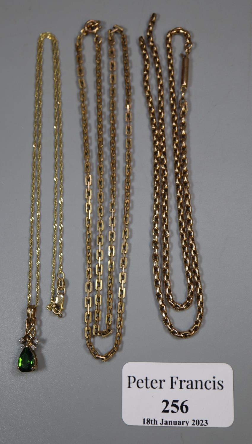 Three 9ct gold chains, one with pendant, one broken. Approx weight 18.1 grams. (B.P. 21% + VAT)