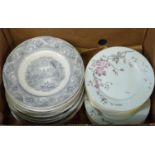 Box of assorted plates: collection of grey and white 'Rhine' pattern plates, collection of French