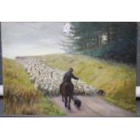 A Bowers, sheep on a lane with mounted shepherd and collies, signed dated. 45x63cm approx. (B.P. 21%