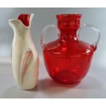 Red Art Glass two handled vase, together with a Burleigh Ware ceramic vase decorated with ferns. (2)