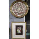 Well worked silk embroidered circular floral panel, framed and glazed. 40cm dimeter approx. Together