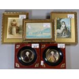 Pair of reproduction portrait miniatures, possibly of Bonnie Prince Charlie, and three other small