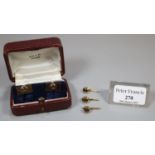 A cased set of 14ct gold cufflinks with three matching studs. Stamped, 'Alex' and 14K. In 'Alex & Co