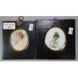 Two framed portrait miniatures, Grecian lady and Victorian lady, one on porcelain one on card. 7x6cm