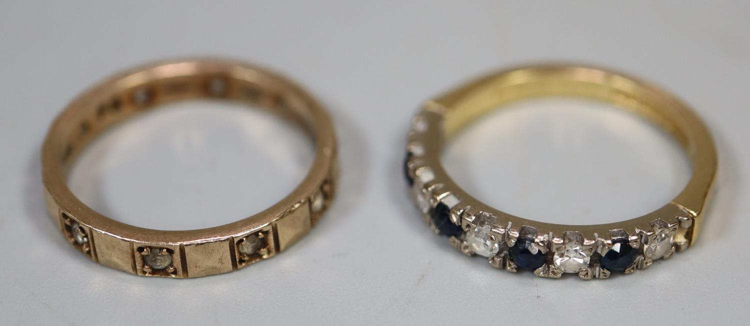 18ct gold sapphire and diamond ring and a 9ct gold white stone ring. Ring size of both M&1/2. Approx - Image 2 of 2
