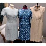 Three vintage dresses (probably 60's) to include: a blue linen short sleeve shift dress, a beige