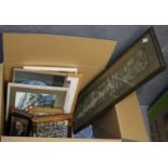 Box of assorted furnishing pictures, relief panels etc. (B.P. 21% + VAT)