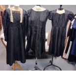 Three vintage 20's-40's black dresses with lace collars; one long sleeve, one with cap sleeves. (