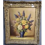British school, still life study vase of flowers, oils on canvas. 49x40cm approx. Gilt frame. (B.