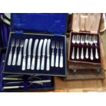 Collection of cased cutlery: silver plated fish knives and forks with bone handles, silver plated