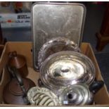 Box of metalware to include: copper kettle, copper oil can, silver plated items: kettle, pedestal