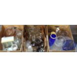 Three boxes of glassware, to include: mugs, cups, saucers, moulded glass decanters with stoppers, '