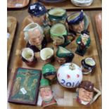 Tray of mainly china to include; Royal Doulton small and miniature character jugs; 'John Doulton'