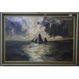 F Malcolm (British 20th century), sailing vessel in the moonlight, signed. Oils on board. 61x90cm