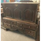 18th century Welsh oak coffer/chest on stand, the moulded lid above three pointed ogee panels,