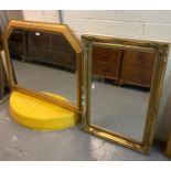 Modern gilt frame bevel plate hexagonal over mantle mirror together with another modern gilt frame
