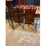 Three metal furnishing items, to include: pierced three section screen, table candelabra and another