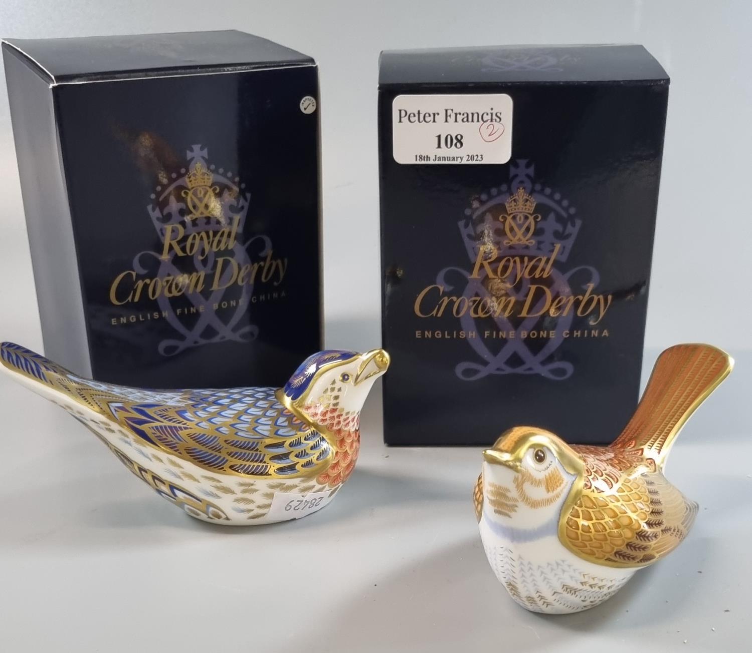 Two Royal Crown Derby English Fine Bone China paperweights, to include: 'Nightingale' and '