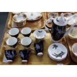 Tray of Royal Albert 'Night and Day' black and white coffee ware, elegantly decorated with ferns: