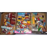 Three boxes of playworn vintage diecast model vehicles, to include: Corgi, Matchbox Models of