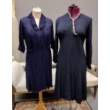 Two dark blue crepe vintage 30's/40's dresses; one with frilled colour and small bells down the