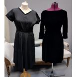 Three 1950's/60's vintage dresses; one in faille fabric with a V neck and velvet piping, one 3/4