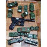 Tray of Corgi and Dinky Toys diecast military model vehicles: trucks, jeeps, tanks etc, together