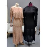 Two vintage 1930's lace dresses; one in pale pink floral pattern lace with a cowl neck, long sleeves