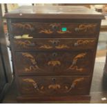 19th century flamed mahogany and mixed woods foliate inlaid straight front miniature chest of four