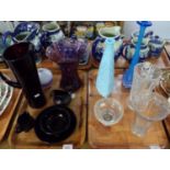 Two trays of assorted glass and china: possibly continental etched blue glass vase, one lead crystal
