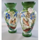 Pair of Victorian opaline glass hand painted vases decorated with female portraits, flowers and