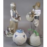 Two Spanish Lladro porcelain figurines of young girls with puppies and kittens, together with a