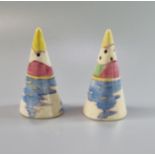 Pair of Clarice Cliff 'Gibraltar'conical salt and pepper, decorated with sailing boats, printed