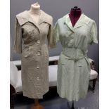 Two 1940's-50's shirt waister style dresses; one in a mint green raw silk and the other linen with