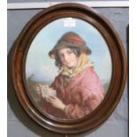 Portrait of a country girl with playing cards, coloured print. 35x28.5cm approx in oval swept frame.
