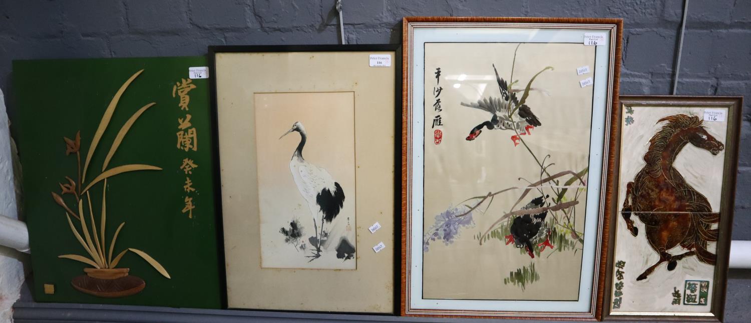 Group of Oriental items, to include silk-work picture of geese, a coloured print of a stork, a