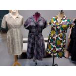 Three vintage (20's-50's) patterned dresses; one a floral patterned crepe with sailor neckline and