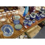 Three trays of blue and white 'Victoria' Ironstone: jugs, large cheese dish and cover, jelly mould,