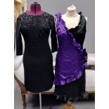 Three vintage 60's-80's evening or party dresses: one purple and black ruffle shift dress, two black