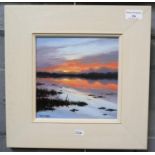 David Cowdry (contemporary Welsh), sunset over a marsh, signed. Oils on board. 18x19cm approx.